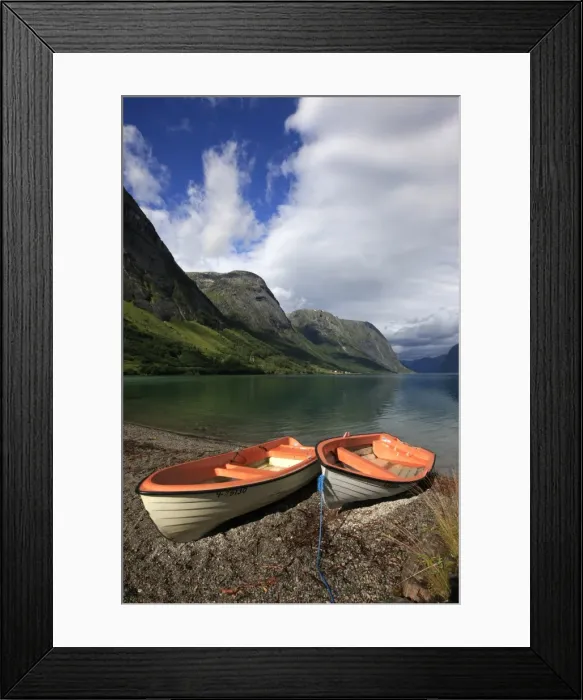 Framed Print : Boats pulled up on the shore of a fjord in the Fjordland region, western Norway, Scandinavia Framed Print : Boats pulled up on the shore of a fjord in the Fjordland region, western Norway, Scandinavia