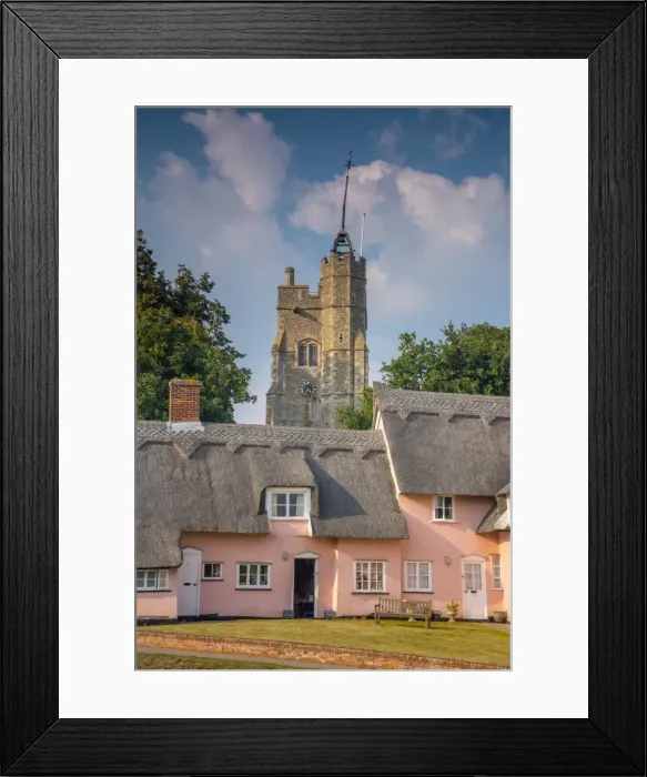 Framed Print : St. Mary the Virgins Church and the Pink Cottages, Cavendish, Suffolk, England, United Kingdom Framed Print : St. Mary the Virgins Church and the Pink Cottages, Cavendish, Suffolk, England, United Kingdom