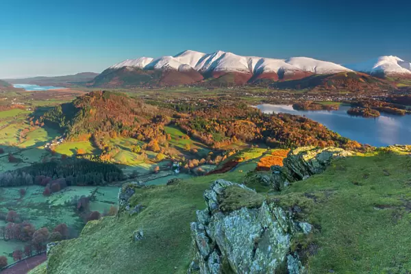 Derwentwater, Skiddaw and Blencathra mountains above Keswick, from Cat Bells, Lake