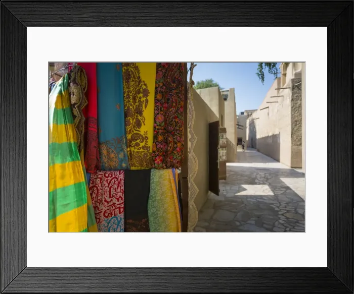 Framed Print : Narrow street and fabric shop in Al Fahidi Historical Centre, Bur Dubai, Dubai, United Framed Print : Narrow street and fabric shop in Al Fahidi Historical Centre, Bur Dubai, Dubai, United