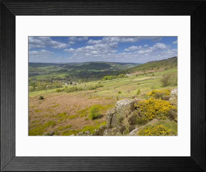 Framed Print : View from Baslow Edge towards Curbar Edge and Calver Village, Derbyshire Dales, Derbyshire Framed Print : View from Baslow Edge towards Curbar Edge and Calver Village, Derbyshire Dales, Derbyshire