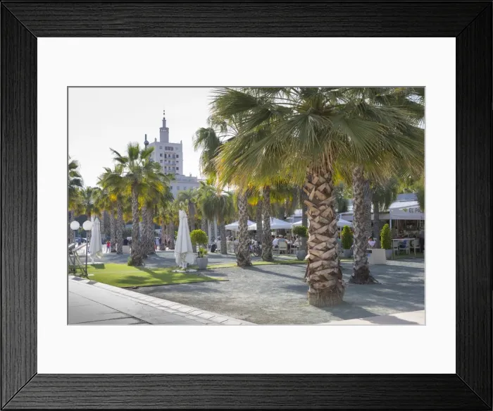 Framed Print : Restaurant on Paseo del Muelle Uno in Malaga Marina, Malaga, Costa del Sol, Andalusia