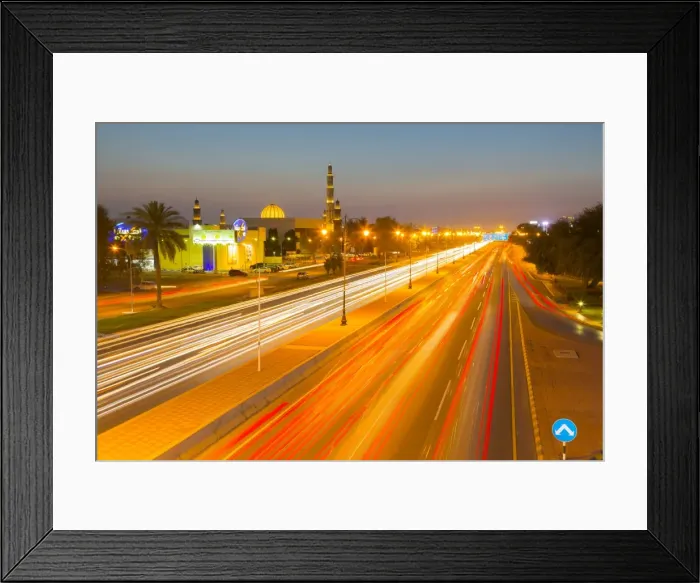 Framed Print : Sultan Qaboos Grand Mosque and traffic on Sultan Qaboos Street at sunset, Muscat Framed Print : Sultan Qaboos Grand Mosque and traffic on Sultan Qaboos Street at sunset, Muscat
