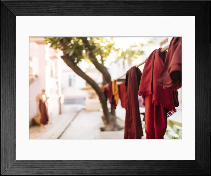 Framed Print : Buddhist monks robes hanging to dry, Amarapura, Mandalay, Mandalay Region, Myanmar (Burma) Framed Print : Buddhist monks robes hanging to dry, Amarapura, Mandalay, Mandalay Region, Myanmar (Burma)