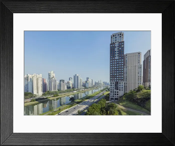 Framed Print : Traffic on Marginal Pinheiros urban highway, the Pinheiros Rriver and skyline of Framed Print : Traffic on Marginal Pinheiros urban highway, the Pinheiros Rriver and skyline of