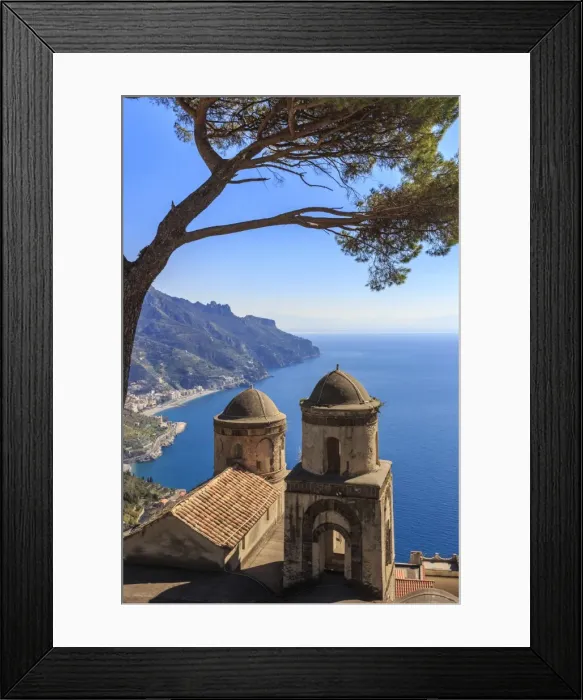 Framed Print : Iconic Amalfi Coast, church and umbrella pine from Villa Rufolo Gardens, Ravello Framed Print : Iconic Amalfi Coast, church and umbrella pine from Villa Rufolo Gardens, Ravello
