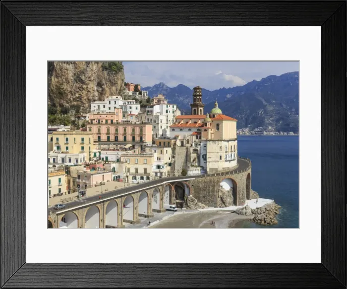Framed Print : Church of Santa Maria Maddalena, beach and coast road, Atrani, Amalfi Coast, UNESCO