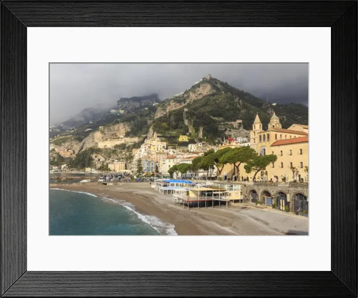 Framed Print : Amalfi waterfront in spring sun, with mist shrouded mountains, Amalfi Coast, UNESCO Framed Print : Amalfi waterfront in spring sun, with mist shrouded mountains, Amalfi Coast, UNESCO