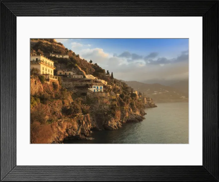 Framed Print : Sunrise lights up villas, misty dawn on the Amalfi Coast, near Atrani in spring Framed Print : Sunrise lights up villas, misty dawn on the Amalfi Coast, near Atrani in spring