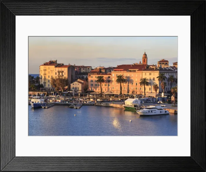 Framed Print : Ajaccio waterfront at sunrise, from the sea, Island of Corsica, Mediterranean, France Framed Print : Ajaccio waterfront at sunrise, from the sea, Island of Corsica, Mediterranean, France