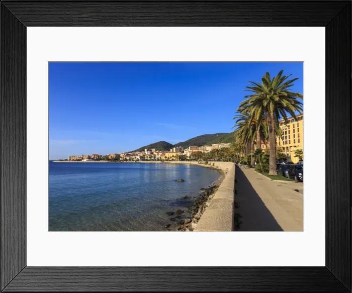 Framed Print : Saint Francois beach promenade with palm trees, morning light, Ajaccio, Island of Corsica Framed Print : Saint Francois beach promenade with palm trees, morning light, Ajaccio, Island of Corsica