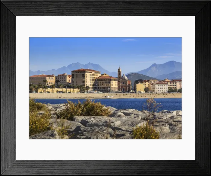 Framed Print : Cathedral, city and hazy mountains, from its rocky waterfont, Ajaccio, Island of Corsica Framed Print : Cathedral, city and hazy mountains, from its rocky waterfont, Ajaccio, Island of Corsica