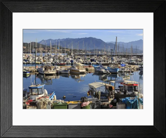 Framed Print : Old Port with fishing boats and yachts, view to distant mountains, Ajaccio, Island of Corsica Framed Print : Old Port with fishing boats and yachts, view to distant mountains, Ajaccio, Island of Corsica