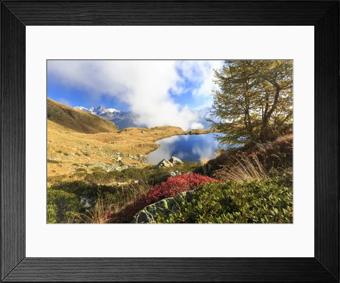Framed Print : Clouds on peaks of Bernina Group reflected in Lake Arcoglio, Val Torreggio, Malenco Valley Framed Print : Clouds on peaks of Bernina Group reflected in Lake Arcoglio, Val Torreggio, Malenco Valley