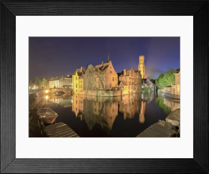Framed Print : The medieval City Centre, UNESCO World Heritage Site, framed by Rozenhoedkaai canal at night Framed Print : The medieval City Centre, UNESCO World Heritage Site, framed by Rozenhoedkaai canal at night