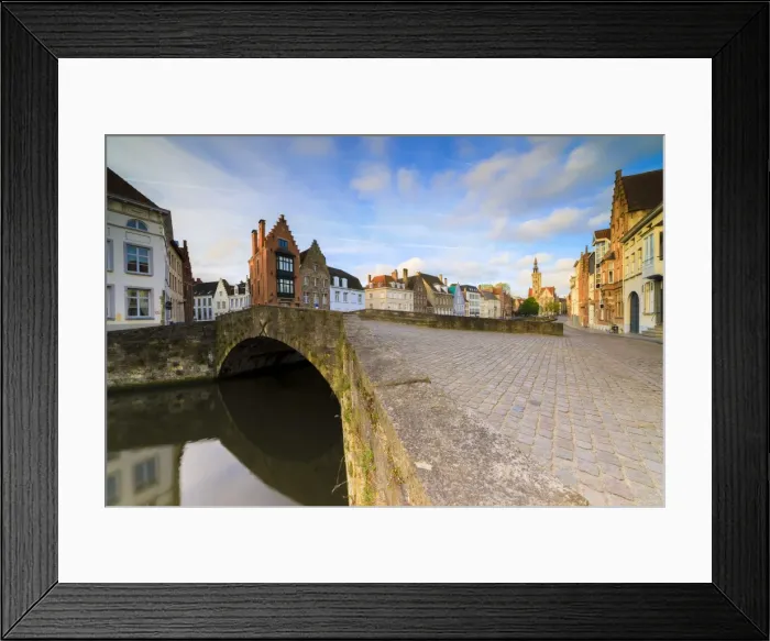 Framed Print : Pink clouds at dawn on the typical buildings and quay along the typical canal, Bruges