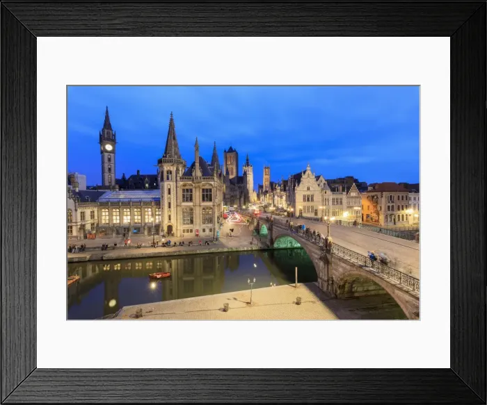 Framed Print : View of the historic area of Graslei and bell tower along Leie river at dusk, Ghent Framed Print : View of the historic area of Graslei and bell tower along Leie river at dusk, Ghent