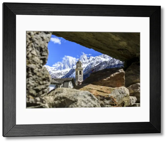 Framed Print : Bell tower and snowy peaks seen from stone arch, Soglio, Maloja, Bregaglia Valley Framed Print : Bell tower and snowy peaks seen from stone arch, Soglio, Maloja, Bregaglia Valley