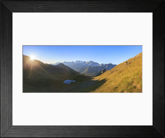 Framed Print : Panorama of Cima Presanella at dawn seen from Monte Tonale, Valcamonica, border Lombardy Framed Print : Panorama of Cima Presanella at dawn seen from Monte Tonale, Valcamonica, border Lombardy