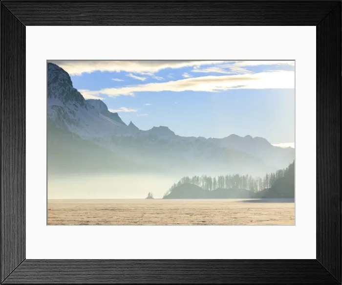 Framed Print : Mist at sunset on Lake Sils covered with snow, Maloja, Engadine, Canton of Graubunden Framed Print : Mist at sunset on Lake Sils covered with snow, Maloja, Engadine, Canton of Graubunden