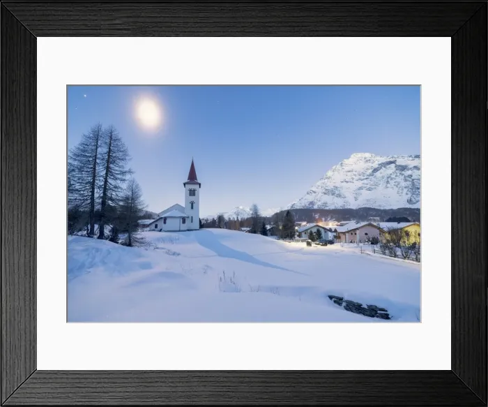 Framed Print : Lights of dusk on Chiesa Bianca and alpine village covered with snow, Maloja Pass Framed Print : Lights of dusk on Chiesa Bianca and alpine village covered with snow, Maloja Pass