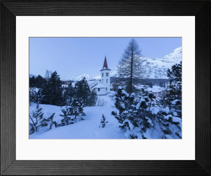 Framed Print : Blue lights of dusk on Chiesa Bianca framed by snowy trees, Maloja Pass, Engadine Framed Print : Blue lights of dusk on Chiesa Bianca framed by snowy trees, Maloja Pass, Engadine