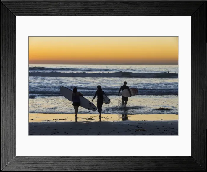 Framed Print : Surfers walking with their surfboards in the ocean at sunset, Del Mar, California Framed Print : Surfers walking with their surfboards in the ocean at sunset, Del Mar, California
