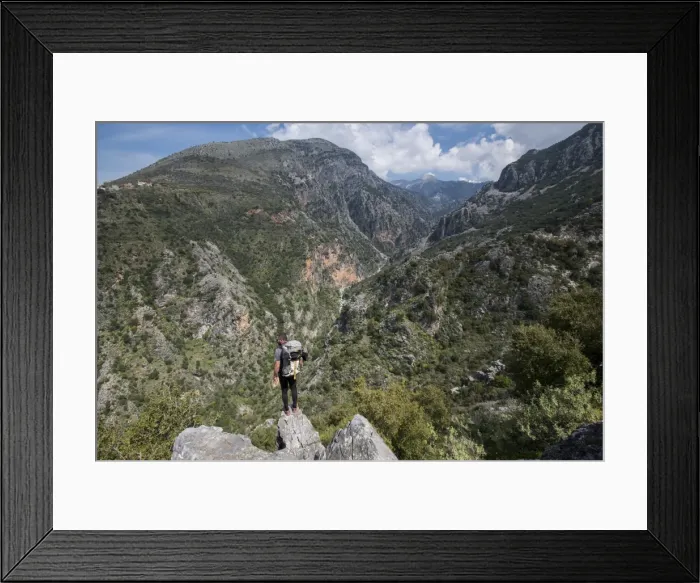 Framed Print : A man hiking in the Taygetos Mountains on the Mani Peninsula, Peloponnese, Greece, Europe