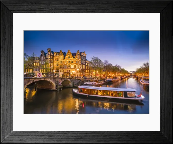 Framed Print : Canal scene with tour boat at dusk, Amsterdam, Netherlands, Europe Framed Print : Canal scene with tour boat at dusk, Amsterdam, Netherlands, Europe