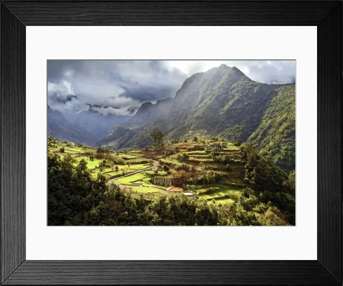 Framed Print : Elevated view of farmland and tree covered hills and mountains near Boaventura, Madeira Framed Print : Elevated view of farmland and tree covered hills and mountains near Boaventura, Madeira