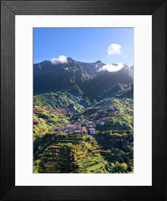 Framed Print : Elevated view of village and tree covered hills and mountains near Ponta Delgada Framed Print : Elevated view of village and tree covered hills and mountains near Ponta Delgada