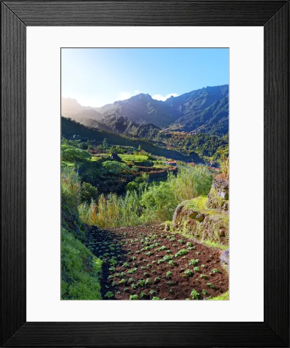 Framed Print : Elevated view of farmland, hills and mountains at Lameiros, near Sao Vicente, Madeira