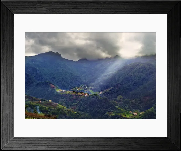 Framed Print : Elevated view of a remote village and tree covered hills and mountains near Sao Vicente Framed Print : Elevated view of a remote village and tree covered hills and mountains near Sao Vicente