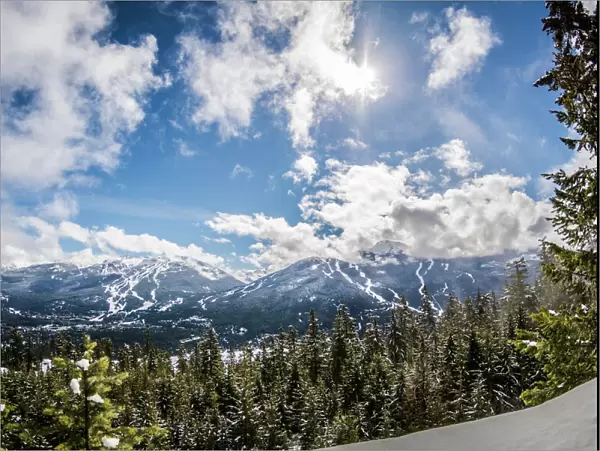 View of blue skies over Whistler Blackcomb from Sprout Mountain, British Columbia