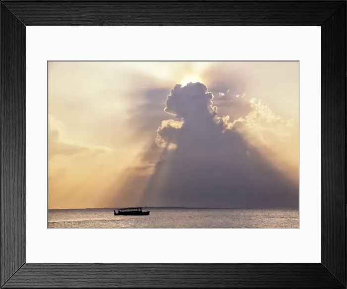 Framed Print : Dramatic cloud formations and boat in silhoutte at sunset, Dhuni Kolhu, Baa Atoll Framed Print : Dramatic cloud formations and boat in silhoutte at sunset, Dhuni Kolhu, Baa Atoll