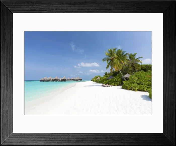 Framed Print : View along tropical beach towards over-water villas, Coco Palm Resort, Dhuni Kolhu Framed Print : View along tropical beach towards over-water villas, Coco Palm Resort, Dhuni Kolhu