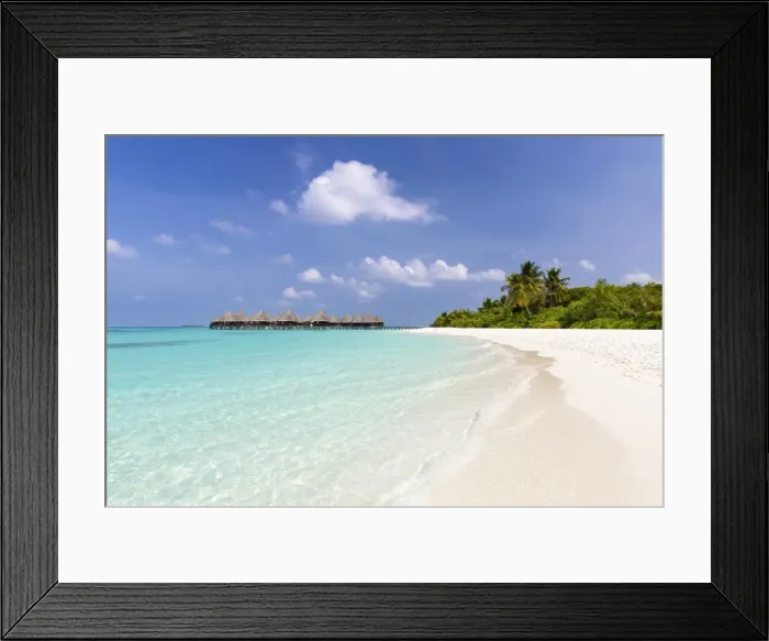 Framed Print : White sand beach, clear sea and over-water villas, Coco Palm resort, Dhuni Kolhu Framed Print : White sand beach, clear sea and over-water villas, Coco Palm resort, Dhuni Kolhu