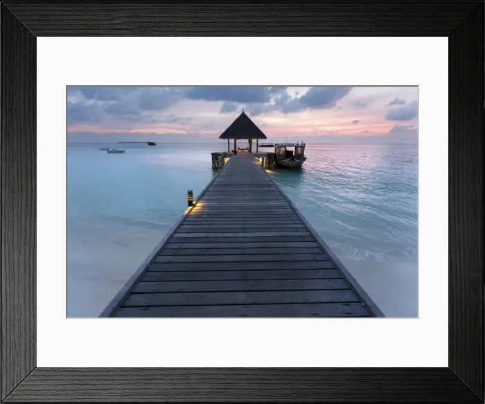 Framed Print : Wooden jetty and boat at sunset, Coco Palm Resort, Dhuni Kolhu, Baa Atoll, Republic of Maldives Framed Print : Wooden jetty and boat at sunset, Coco Palm Resort, Dhuni Kolhu, Baa Atoll, Republic of Maldives
