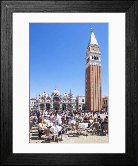 Framed Print : Campanile, Basilica di San Marco, Piazza San Marco, tourists and the cafes of St Framed Print : Campanile, Basilica di San Marco, Piazza San Marco, tourists and the cafes of St