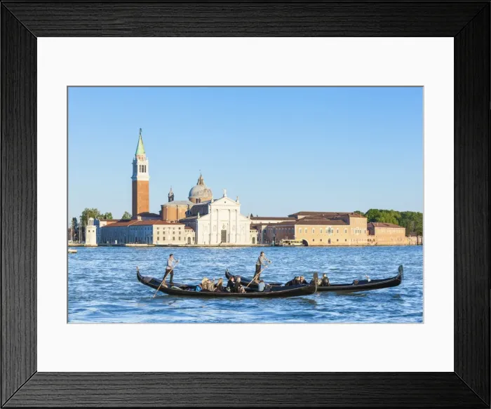 Framed Print : Venetian gondolas with tourists opposite the Island of San Giorgio Maggiore, on Framed Print : Venetian gondolas with tourists opposite the Island of San Giorgio Maggiore, on