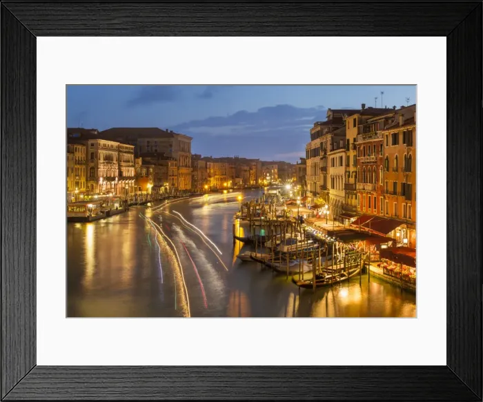 Framed Print : Grand Canal at night with boat light trails and moored gondolas, on the Fondementa del Vin Framed Print : Grand Canal at night with boat light trails and moored gondolas, on the Fondementa del Vin