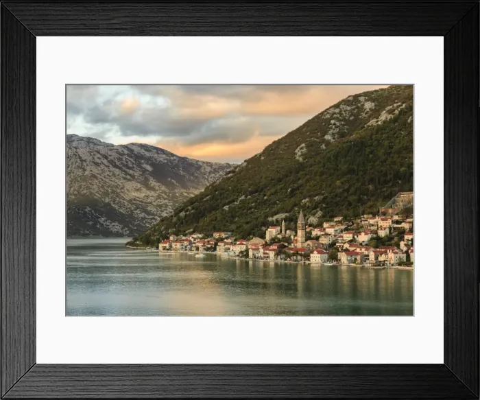 Framed Print : Perast at sunset, elevated view, from a cruise ship, Bay of Kotor, UNESCO World Heritage Site Framed Print : Perast at sunset, elevated view, from a cruise ship, Bay of Kotor, UNESCO World Heritage Site