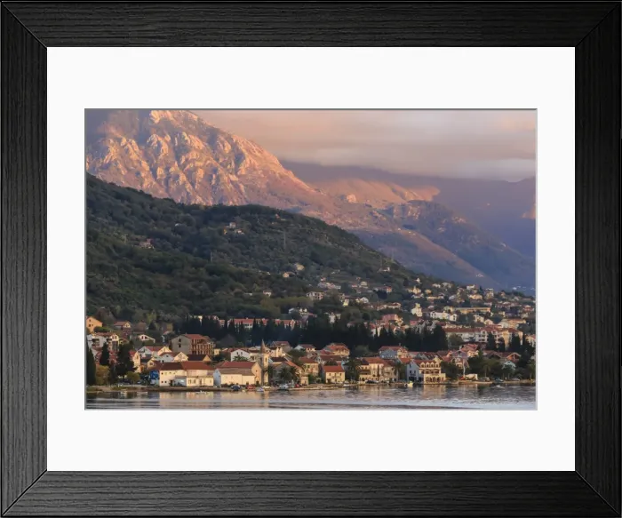 Framed Print : Town at sunset on the stunningly beautiful Bay of Kotor (Boka Kotorska) at sunset Framed Print : Town at sunset on the stunningly beautiful Bay of Kotor (Boka Kotorska) at sunset