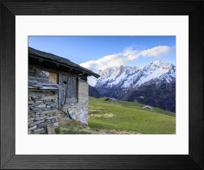 Framed Print : Alpine hut framed by meadows and snowy peaks at dawn, Tombal, Soglio, Bregaglia Valley Framed Print : Alpine hut framed by meadows and snowy peaks at dawn, Tombal, Soglio, Bregaglia Valley