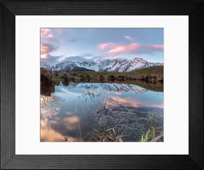 Framed Print : Panorama of pink clouds reflected in water at dawn, Tombal, Soglio, Bregaglia Valley