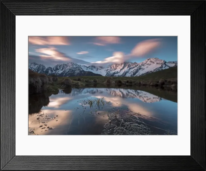Framed Print : Snowy peaks and pink clouds reflected in water at dawn, Tombal, Soglio, Bregaglia Valley Framed Print : Snowy peaks and pink clouds reflected in water at dawn, Tombal, Soglio, Bregaglia Valley