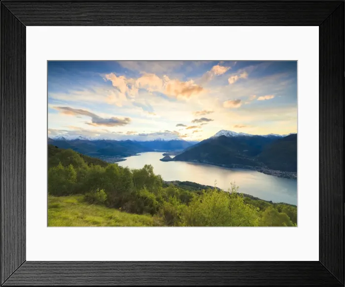 Framed Print : Lake Como surrounded by green meadows framed by pink sky at dawn, Cremia, San Domenico Framed Print : Lake Como surrounded by green meadows framed by pink sky at dawn, Cremia, San Domenico