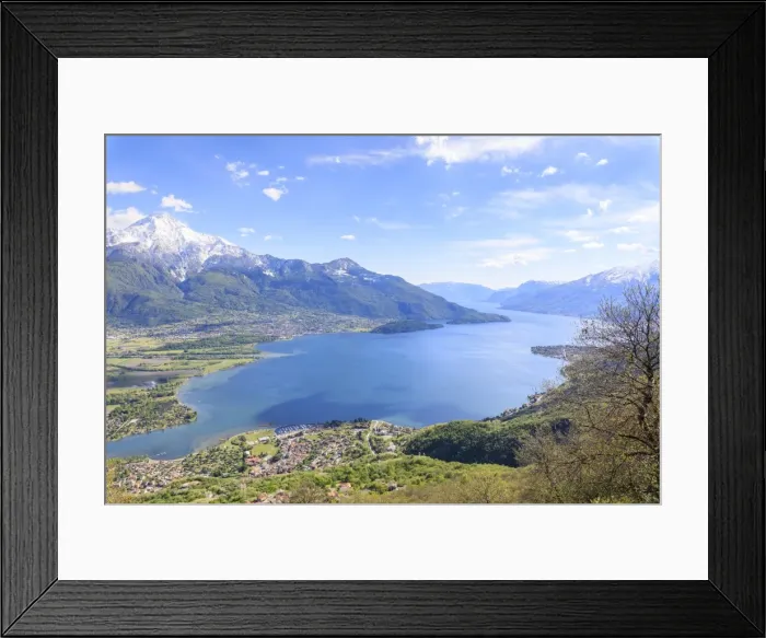 Framed Print : View over Lake Como and villages framed by snowy peaks, Montemezzo, Alpe Zocca, Lombardy
