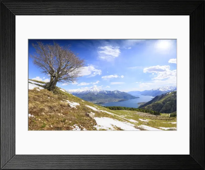 Framed Print : Panorama of meadows partially covered with snow with Lake Como on the background Framed Print : Panorama of meadows partially covered with snow with Lake Como on the background