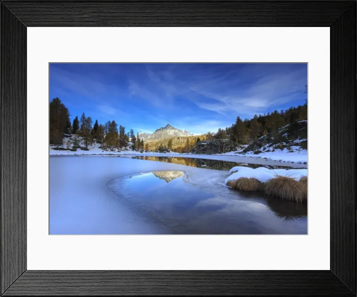 Framed Print : Rocky peaks and larches reflected in the frozen Lake Mufule, Malenco Valley, Province of Sondrio Framed Print : Rocky peaks and larches reflected in the frozen Lake Mufule, Malenco Valley, Province of Sondrio